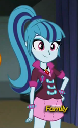 Size: 615x1008 | Tagged: safe, screencap, sonata dusk, equestria girls, rainbow rocks, discovery family, discovery family logo, hand on hip, smiling, solo