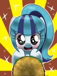 Size: 1060x1426 | Tagged: safe, artist:hoyeechun, sonata dusk, equestria girls, cute, drool, equestria girls ponified, eyes on the prize, open mouth, ponified, smiling, solo, sonatabetes, sonataco, sparkles, taco, wingding eyes