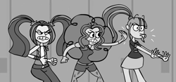 Size: 4000x1875 | Tagged: safe, artist:scobionicle99, adagio dazzle, aria blaze, sonata dusk, equestria girls, monochrome, slap, the dazzlings, the three stooges