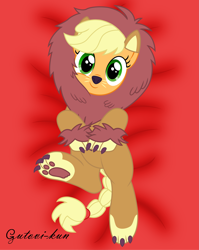 Size: 3229x4063 | Tagged: safe, artist:gutovi, applejack, earth pony, pony, scare master, absurd resolution, applelion, clothes, costume, cute, jackabetes, nightmare night, nightmare night costume, on back, solo