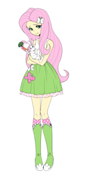 Size: 1500x3000 | Tagged: safe, artist:jud, angel bunny, fluttershy, butterfly, rabbit, equestria girls, boots, carrot, clothes, cute, female, food, high heel boots, looking at you, shirt, shyabetes, simple background, skirt, smiling, socks, tanktop, white background