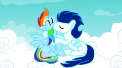 Size: 1280x719 | Tagged: safe, artist:mlplary6, derpibooru import, rainbow dash, soarin', pegasus, pony, cloud, female, male, neck kiss, shipping, soarindash, straight