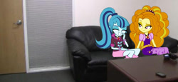 Size: 630x289 | Tagged: safe, edit, adagio dazzle, sonata dusk, equestria girls, rainbow rocks, casting couch, equestria girls in real life, giggling, grin, happy, irl, laughing, photo, ponies in real life, smiling, this will end in snu snu