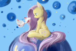 Size: 3496x2362 | Tagged: safe, artist:wolvierland, fluttershy, fish, pegasus, pony, bubble, cute, shyabetes, sitting, solo