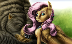 Size: 1350x825 | Tagged: safe, artist:mindmendereoin, fluttershy, harry, bear, pegasus, pony, semi-realistic, uncanny valley