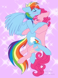 Size: 1529x2048 | Tagged: safe, artist:ninetheclipse, derpibooru import, pinkie pie, rainbow dash, earth pony, pegasus, pony, abstract background, blushing, cuddling, cute, eyes closed, female, lesbian, mare, pinkiedash, profile, shipping, smiling, spread wings, wings