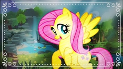 Size: 1024x577 | Tagged: safe, artist:vanillamocha01, derpibooru import, fluttershy, pegasus, pony, cute, happy, sanctuary falls, shyabetes, solo, vector, wallpaper