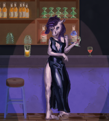 Size: 2000x2230 | Tagged: safe, artist:lase-x, rarity, anthro, unguligrade anthro, alcohol, bar, clothes, dress, solo, unshorn fetlocks