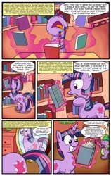 Size: 1500x2375 | Tagged: dead source, safe, artist:expansioncreations, spike, twilight sparkle, dragon, comic:twilight's expanded spell repertoire, book, comic, magic, plot, spell, telekinesis, weight gain, weight gain spell