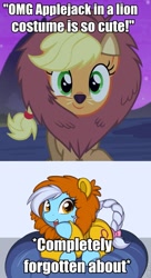 Size: 523x960 | Tagged: source needed, useless source url, safe, artist:theparagon, applejack, big cat, earth pony, lion, pony, scare master, applelion, clothes, costume, image macro, leo, meme, ponyscopes