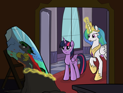 Size: 1300x975 | Tagged: safe, artist:sirvalter, princess celestia, twilight sparkle, twilight sparkle (alicorn), oc, oc:jarl blackspot, alicorn, pony, fanfic:deferred lesson, magic, stained glass, window