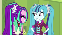 Size: 1280x720 | Tagged: safe, edit, screencap, aria blaze, sonata dusk, equestria girls, rainbow rocks, alternate hairstyle, annoyed, faic, frown, glare, grin, gritted teeth, smiling, wide eyes