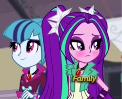 Size: 2220x1800 | Tagged: safe, edit, screencap, aria blaze, sonata dusk, equestria girls, rainbow rocks, arisona, blushing, discovery family, discovery family logo, female, lesbian, shipping, tsundaria, tsundere