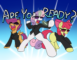 Size: 1397x1082 | Tagged: safe, artist:reiduran, apple bloom, scootaloo, sweetie belle, cutie mark crusaders, elite beat agents, parody, rhythm game