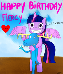 Size: 1500x1750 | Tagged: safe, artist:katsu, derpibooru import, twilight sparkle, twilight sparkle (alicorn), alicorn, pony, bipedal, crossover, female, happy birthday, happy tree friends, heart, le, lumpy, mare, this will end in tears and/or death