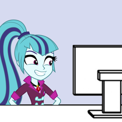 Size: 600x600 | Tagged: safe, sonata dusk, equestria girls, rainbow rocks, computer, desk, grin, reaction image, smiling, solo