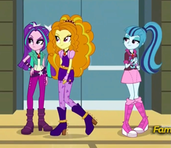 Size: 699x603 | Tagged: safe, screencap, adagio dazzle, aria blaze, sonata dusk, equestria girls, rainbow rocks, discovery family, discovery family logo, lidded eyes, smiling, the dazzlings, walking