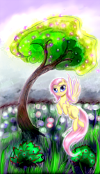 Size: 900x1565 | Tagged: safe, artist:gremlinkun, fluttershy, pegasus, pony, cute, flower, shyabetes, solo, tree