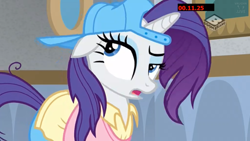 Size: 1280x720 | Tagged: safe, screencap, rarity, pony, unicorn, friendship university, alternate hairstyle, backwards ballcap, baseball cap, boomerang (tv channel), cap, eyeshadow, female, hat, makeup, mare, open mouth, plainity, solo