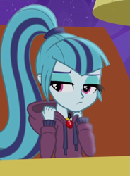 Size: 715x969 | Tagged: safe, screencap, sonata dusk, equestria girls, rainbow rocks, clothes, hoodie, sad, solo