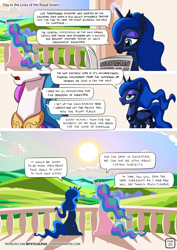 Size: 955x1351 | Tagged: safe, artist:mysticalpha, princess celestia, princess luna, alicorn, pony, comic:day in the lives of the royal sisters, balcony, canterlot, cloud, comic, crown, dialogue, female, horn, jewelry, magic, mare, newspaper, peytral, reading, regalia, sisters, sitting, sky, speech bubble, sun, telekinesis, wings