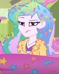 Size: 681x851 | Tagged: safe, screencap, princess celestia, principal celestia, best trends forever, best trends forever: pinkie pie, better together, equestria girls, angry, celestia is not amused, choose pinkie pie, cropped, female, raised eyebrow, solo, unamused