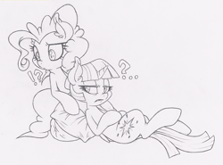 Size: 800x591 | Tagged: safe, artist:dfectivedvice, derpibooru import, pinkie pie, twilight sparkle, twilight sparkle (alicorn), alicorn, earth pony, pony, female, grayscale, mare, monochrome