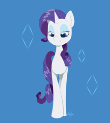 Size: 1120x1250 | Tagged: safe, artist:imaplatypus, rarity, pony, unicorn, cutie mark background, female, lidded eyes, looking down, mare, simple background, smiling, solo, standing