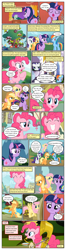 Size: 612x2320 | Tagged: safe, artist:newbiespud, derpibooru import, edit, edited screencap, screencap, applejack, fluttershy, pinkie pie, rainbow dash, rarity, twilight sparkle, unicorn twilight, earth pony, pegasus, pony, unicorn, comic:friendship is dragons, comic, dialogue, female, flying, freckles, frown, golden oaks library, grin, hat, looking up, mane six, mare, musical instrument, rearing, screencap comic, smiling