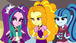 Size: 1366x768 | Tagged: safe, screencap, adagio dazzle, aria blaze, sonata dusk, equestria girls, rainbow rocks, clothes, jewelry, necklace, smirk, the dazzlings