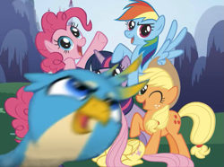 Size: 813x606 | Tagged: safe, derpibooru import, edit, applejack, fluttershy, gallus, pinkie pie, rainbow dash, rarity, twilight sparkle, earth pony, griffon, pegasus, pony, unicorn, the ending of the end, leak, mane six, mane six opening poses, meme, photobomb, photobombing gallus