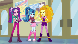 Size: 1366x768 | Tagged: safe, screencap, adagio dazzle, aria blaze, sonata dusk, equestria girls, rainbow rocks, crossed arms, eyebrows, looking down, poster, the dazzlings, unamused