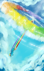 Size: 1920x3072 | Tagged: safe, artist:tooyz, derpibooru import, rainbow dash, pegasus, pony, cloud, epic, female, flying, mare, rainbow trail, sky, solo, sonic rainboom