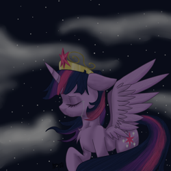 Size: 3000x3000 | Tagged: safe, artist:mephysta, derpibooru import, twilight sparkle, twilight sparkle (alicorn), alicorn, pony, cloud, cloudy, crown, crying, female, mare, night, sad, stars