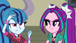 Size: 1366x768 | Tagged: safe, screencap, aria blaze, sonata dusk, equestria girls, rainbow rocks, eyebrows, frown, looking up, smiling, victory smile