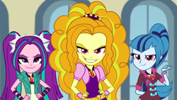 Size: 1366x768 | Tagged: safe, screencap, adagio dazzle, aria blaze, sonata dusk, equestria girls, rainbow rocks, eyebrows, gritted teeth, hips, looking at you, smiling, smirk, the dazzlings