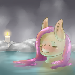 Size: 1280x1280 | Tagged: safe, artist:fawness, fluttershy, pegasus, pony, 30 minute art challenge, blushing, candle, eyes closed, relaxing, solo