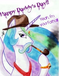 Size: 1843x2400 | Tagged: safe, artist:kzksm, princess celestia, alicorn, pony, facial hair, hat, moustache, necktie, pipe, smoking, traditional art, watch