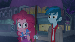 Size: 2033x1158 | Tagged: safe, artist:mlprocker123, pinkie pie, thunderbass, equestria girls, blushing, pinkiebass, rain, shipping, smiling, umbrella