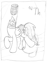 Size: 776x1008 | Tagged: safe, artist:parclytaxel, rainbow dash, dullahan, pegasus, pony, series:joycall6's periodic table, series:nightliner, chemistry, disembodied head, female, fire, gas mantle, headless, lineart, mare, modular, monochrome, pencil drawing, periodic table, raised hoof, solo, thorium, traditional art
