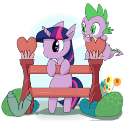 Size: 500x486 | Tagged: safe, artist:youhoujou, artist:ヨウホウジョウ, derpibooru import, spike, twilight sparkle, dragon, bipedal leaning, pixiv