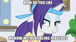 Size: 888x499 | Tagged: safe, edit, edited screencap, screencap, rarity, pony, unicorn, friendship university, alternate hairstyle, backwards ballcap, baseball cap, bedroom eyes, cap, caption, clothes, eyeshadow, female, hat, image macro, makeup, mare, meme, not fabulous, plainity, plant, solo