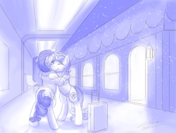 Size: 1024x768 | Tagged: safe, artist:novaintellus, rarity, sweetie belle, pony, unicorn, atg 2018, clothes, eyes closed, hug, monochrome, newbie artist training grounds, older, shirt, smiling, snow, suitcase, sweater, train, winter