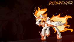 Size: 2560x1440 | Tagged: safe, artist:sentireaeris, derpibooru import, daybreaker, alicorn, pony, a royal problem, fangs, female, gritted teeth, helmet, mare, raised hoof, solo, wallpaper