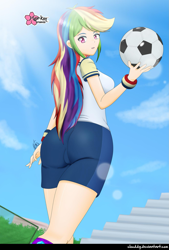 Size: 1381x2040 | Tagged: safe, alternate version, artist:clouddg, derpibooru import, rainbow dash, human, better together, equestria girls, sock it to me, adorasexy, ass, ball, bleachers, breasts, butt, clothes, crepuscular rays, cute, female, football, human coloration, rainboob dash, rainbutt dash, sexy, shorts, signature, solo, sports, wristband