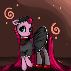 Size: 1701x1701 | Tagged: safe, artist:ayeletshemtov, pinkie pie, earth pony, pony, clothes, dress, maid, mary janes, pinkamena diane pie, shoes, solo, stockings