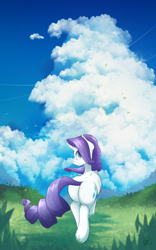 Size: 1200x1920 | Tagged: safe, artist:laptop-pone, rarity, pony, unicorn, cloud, female, grass, looking at you, looking back, looking back at you, mare, plot, rearity, signature, solo