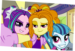 Size: 2510x1709 | Tagged: safe, artist:zeldarondl, adagio dazzle, aria blaze, sonata dusk, equestria girls, rainbow rocks, bedroom eyes, canterlot high, selfie, smiling, the dazzlings