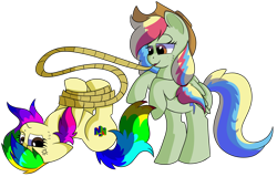 Size: 1280x818 | Tagged: safe, artist:rainbowtashie, derpibooru import, applejack, rainbow dash, oc, oc:rainbow tashie, oc:zap-apple jam, earth pony, pegasus, pony, annoyed, commissioner:bigonionbean, cowboy hat, cute, cutie mark, female, freckles, fusion, fusion:zap-apple jam, hat, irritated, lasso, mare, nintendo 64, rope, simple background, smiling, smirk, stetson, tied up, transparent background, vein bulge, writer:bigonionbean