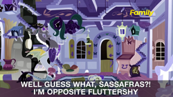 Size: 1280x720 | Tagged: safe, screencap, discord, fluttershy, pegasus, pony, dungeons and discords, discovery family logo, inverted colors, official, opposite discord, opposite fluttershy, subtitles